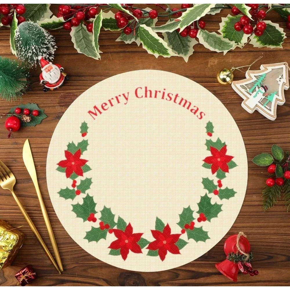 Remerry Poinsettia Round Christmas Placemats Set of 8,Flower Xmas Red Embroidere